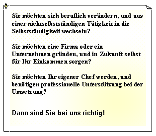 Textfeld: Sie mchten sich beruflich verndern, und aus einer nichtselbststndigen Ttigkeit in die Selbststndigkeit wechseln?Sie mchten eine Firma oder ein Unternehmen grnden, und in Zukunft selbst fr Ihr Einkommen sorgen?Sie mchten Ihr eigener Chef werden, und bentigen professionelle Untersttzung bei der Umsetzung?Dann sind Sie bei uns richtig! 