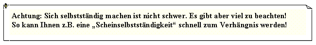 Textfeld: Achtung: Sich selbststndig machen ist nicht schwer. Es gibt aber viel zu beachten!  So kann Ihnen z.B. eine Scheinselbststndigkeit schnell zum Verhngnis werden!