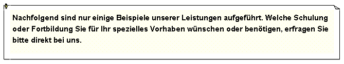 Textfeld: Nachfolgend sind nur einige Beispiele unserer Leistungen aufgefhrt. Welche Schulung oder Fortbildung Sie fr Ihr spezielles Vorhaben wnschen oder bentigen, erfragen Sie bitte direkt bei uns.